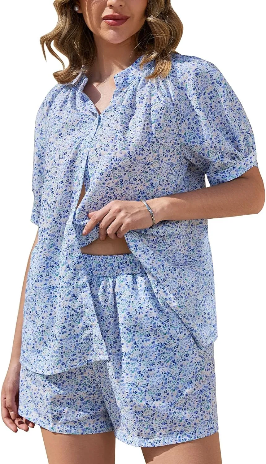 Flygo Women’s Floral Pajamas Sets 2 Piece Lounge Set Button Down Tops and Soft Shorts Sleepwear with Pockets