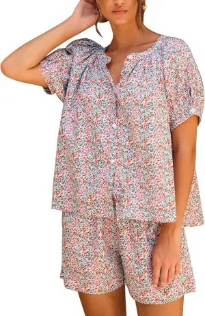Flygo Women’s Floral Pajamas Sets 2 Piece Lounge Set Button Down Tops and Soft Shorts Sleepwear with Pockets