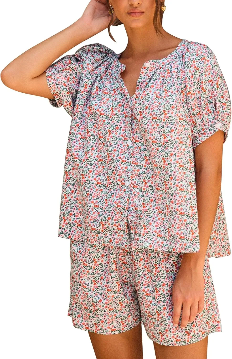 Flygo Women’s Floral Pajamas Sets 2 Piece Lounge Set Button Down Tops and Soft Shorts Sleepwear with Pockets