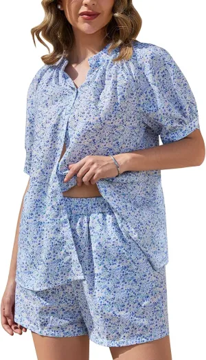 Flygo Women’s Floral Pajamas Sets 2 Piece Lounge Set Button Down Tops and Soft Shorts Sleepwear with Pockets