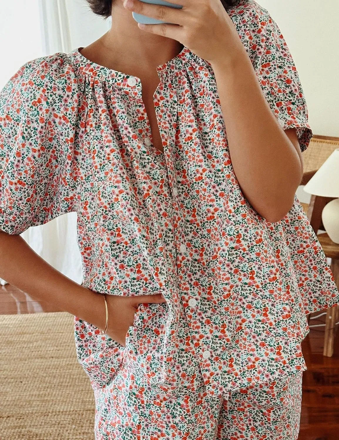 Flygo Women’s Floral Pajamas Sets 2 Piece Lounge Set Button Down Tops and Soft Shorts Sleepwear with Pockets