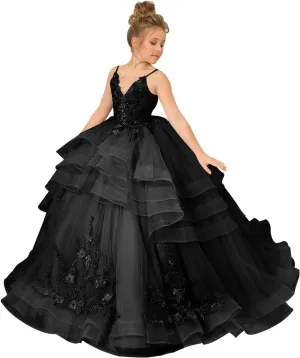 Girl’s Layered Pageant Dresses Floral Flower Girl Dresses Tulle Princess First Communion Dresses V Neck Prom Ball Gown