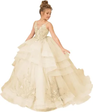 Girl’s Layered Pageant Dresses Floral Flower Girl Dresses Tulle Princess First Communion Dresses V Neck Prom Ball Gown