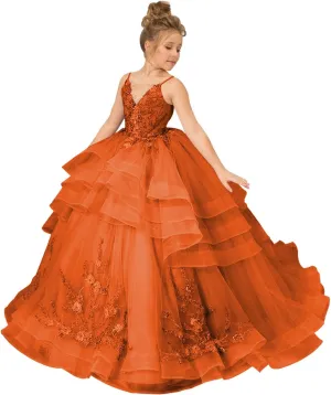 Girl’s Layered Pageant Dresses Floral Flower Girl Dresses Tulle Princess First Communion Dresses V Neck Prom Ball Gown