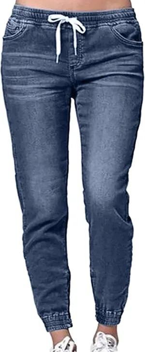 GOKKILRW Womens Pull On Distressed Denim Pants Elastic Waist Stretch Drawstring Pockets Workout Jogger Sweatpants Jeans Pants