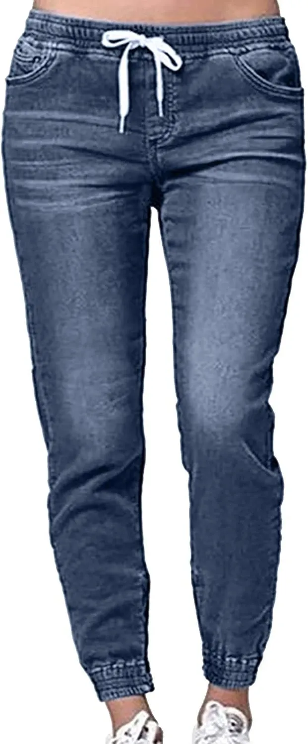 GOKKILRW Womens Pull On Distressed Denim Pants Elastic Waist Stretch Drawstring Pockets Workout Jogger Sweatpants Jeans Pants