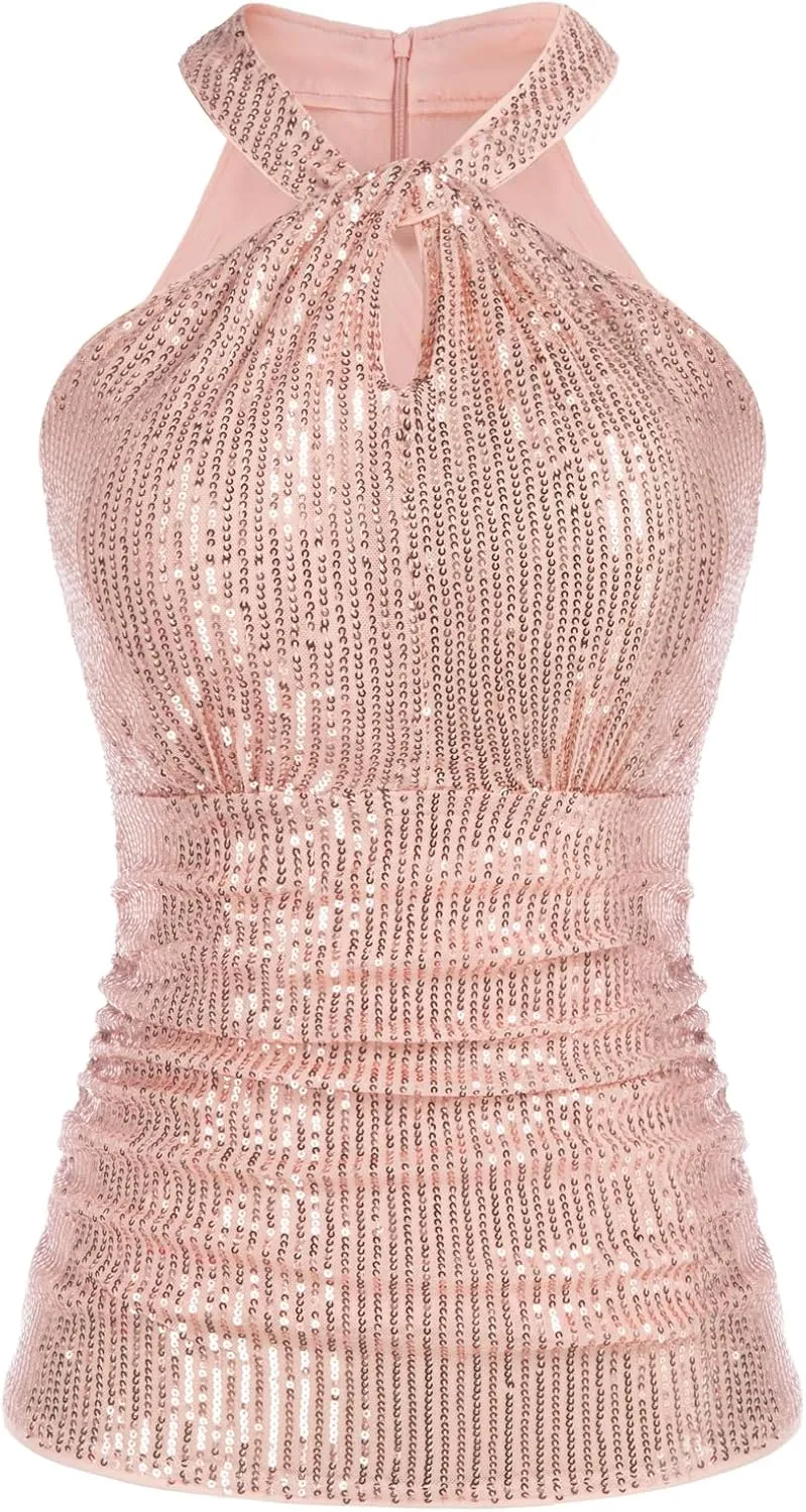 GRACE KARIN Sequin Tops for Women Elegant Tops Sparkle Tank Shimmer Party Club Cocktail Slim Fit Ruched Tops