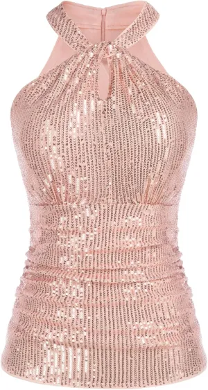 GRACE KARIN Sequin Tops for Women Elegant Tops Sparkle Tank Shimmer Party Club Cocktail Slim Fit Ruched Tops