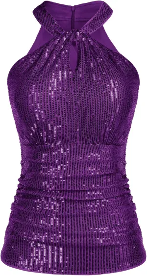 GRACE KARIN Sequin Tops for Women Elegant Tops Sparkle Tank Shimmer Party Club Cocktail Slim Fit Ruched Tops