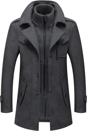 INVACHI Men's Wool Blend Coat Warm Winter Trench Coat with Detachable Soft Scarf Single Breasted Pea Coat