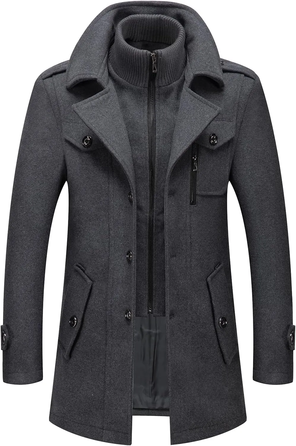 INVACHI Men's Wool Blend Coat Warm Winter Trench Coat with Detachable Soft Scarf Single Breasted Pea Coat