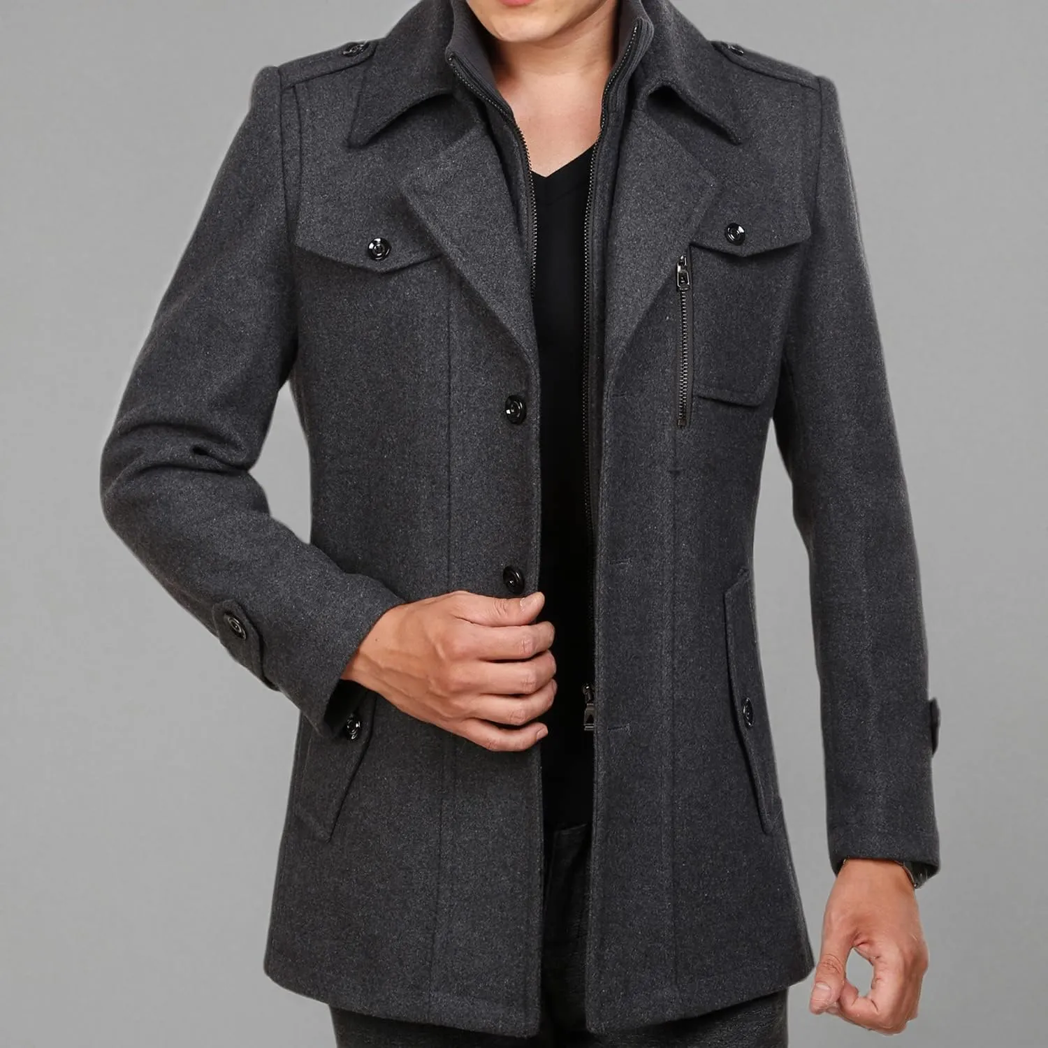 INVACHI Men's Wool Blend Coat Warm Winter Trench Coat with Detachable Soft Scarf Single Breasted Pea Coat