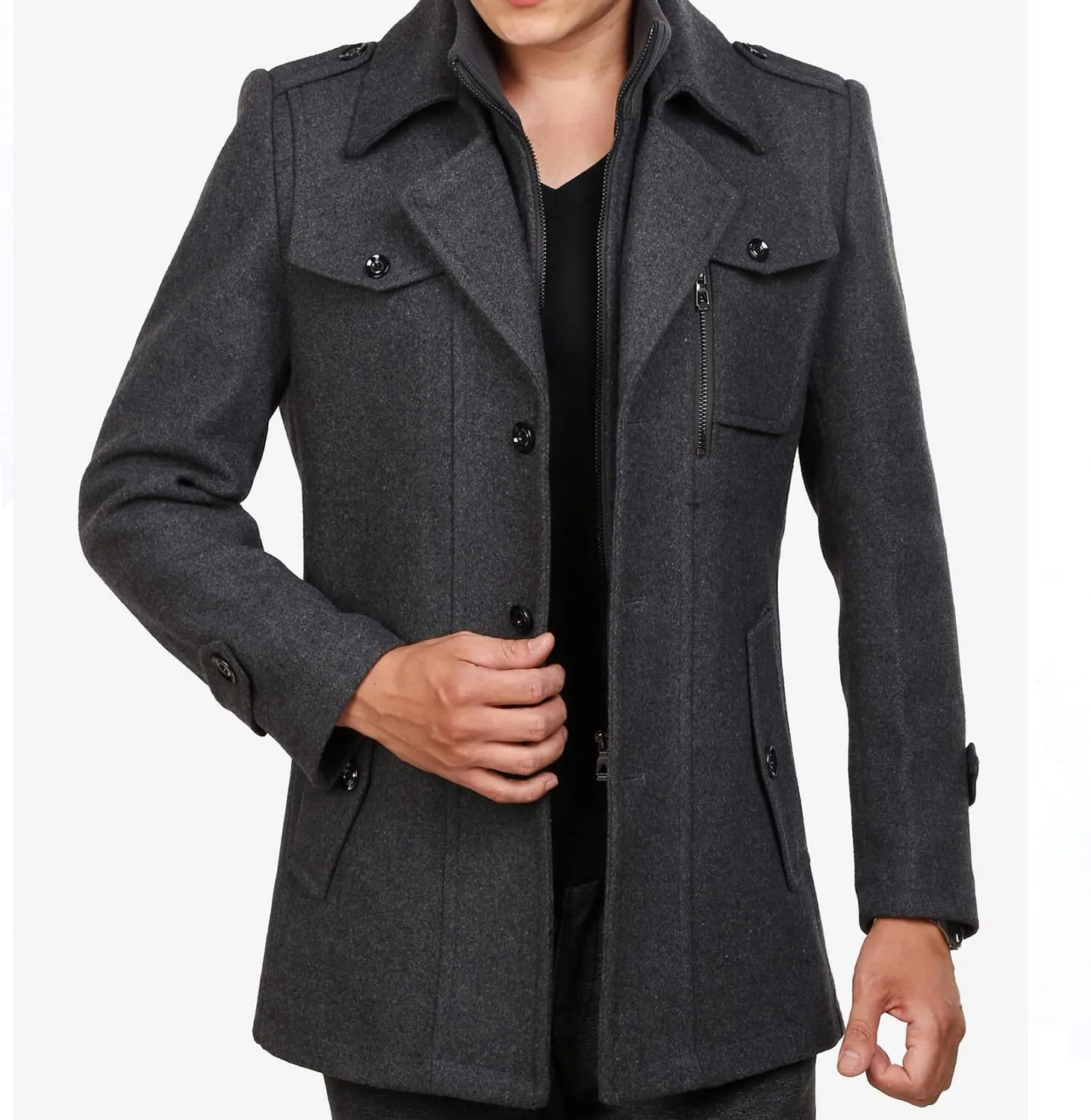 INVACHI Men's Wool Blend Coat Warm Winter Trench Coat with Detachable Soft Scarf Single Breasted Pea Coat