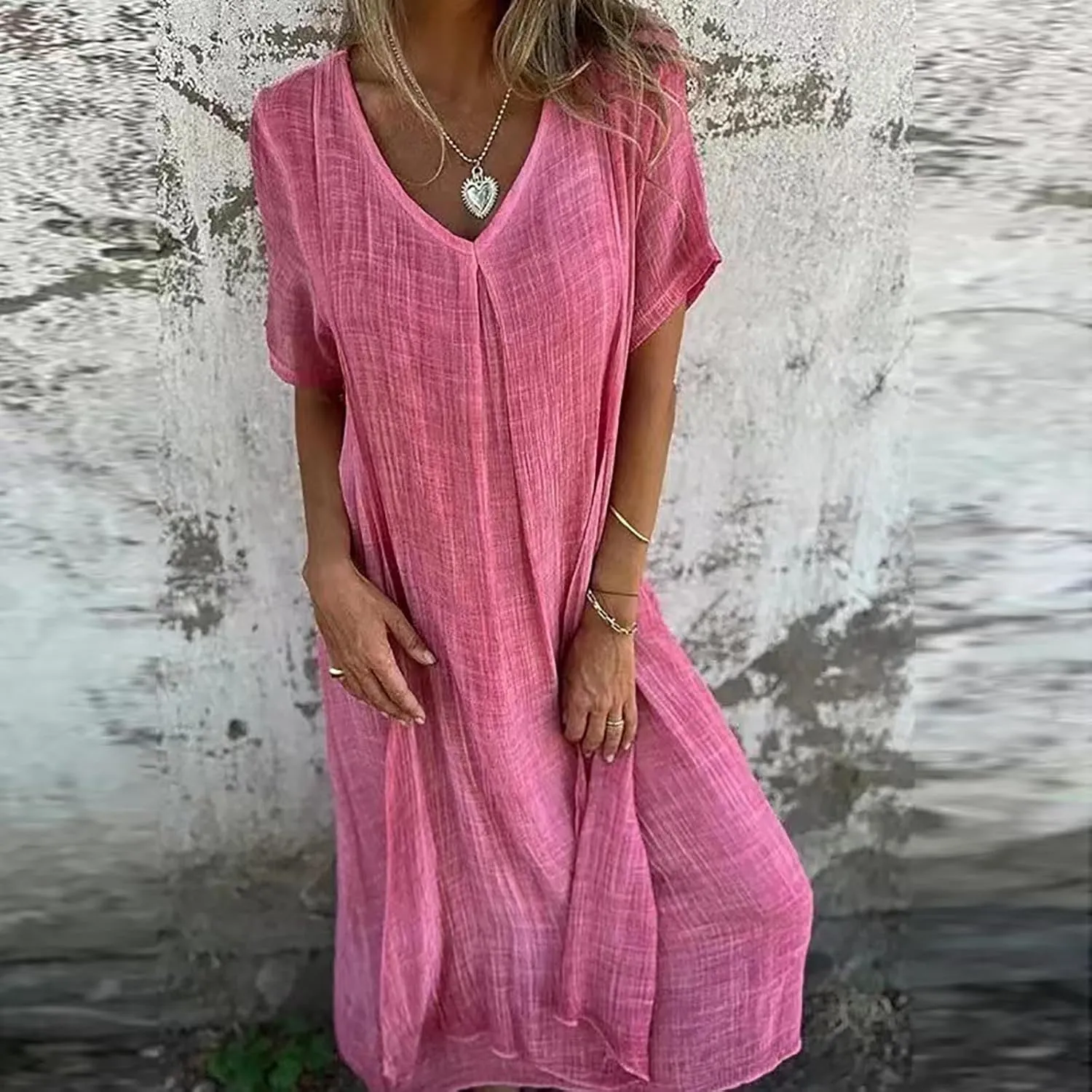 JOAU Womens Cotton Linen Maxi Dress Summer Short Sleeve V-Neck T-Shirt Dresses Casual Flowy Beach Cover Up Long Dress