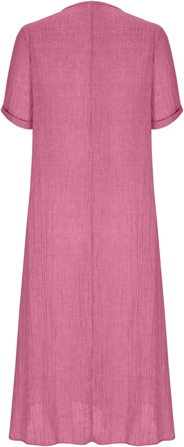 JOAU Womens Cotton Linen Maxi Dress Summer Short Sleeve V-Neck T-Shirt Dresses Casual Flowy Beach Cover Up Long Dress
