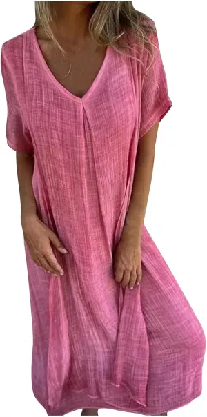 JOAU Womens Cotton Linen Maxi Dress Summer Short Sleeve V-Neck T-Shirt Dresses Casual Flowy Beach Cover Up Long Dress