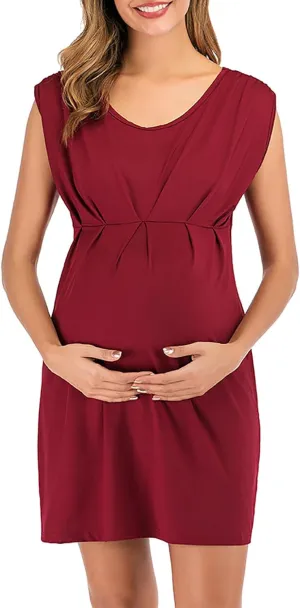JOAU Women's Maternity Round Neck Sleeveless Mini Tank Dress Casual High Waist Flared A Line Solid Pleated Short Dresses