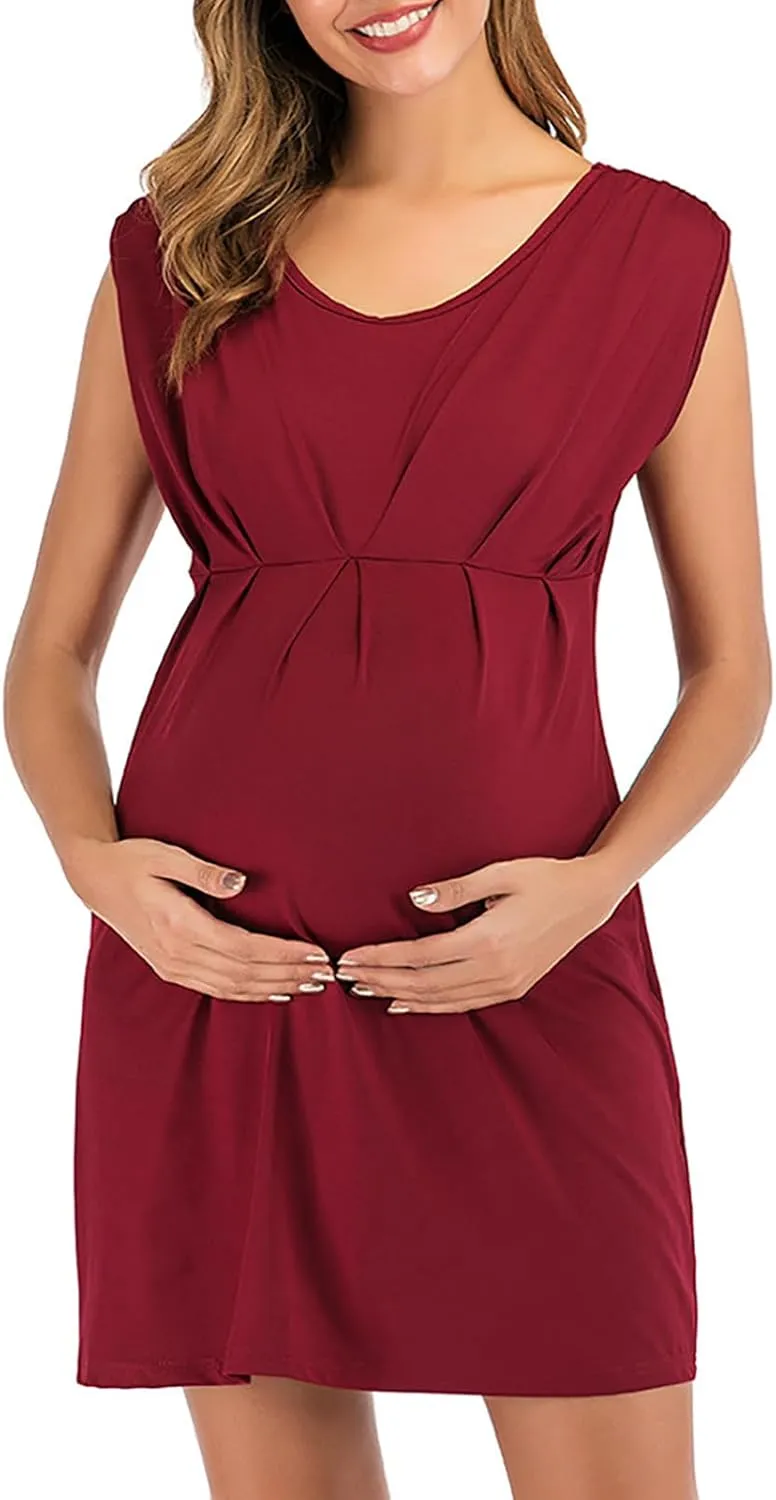 JOAU Women's Maternity Round Neck Sleeveless Mini Tank Dress Casual High Waist Flared A Line Solid Pleated Short Dresses