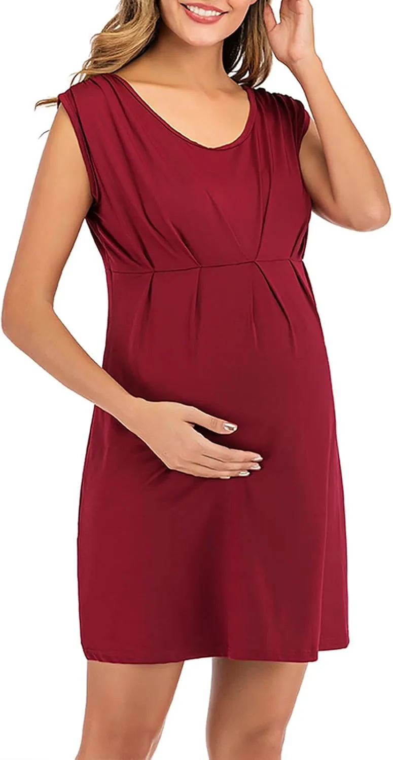 JOAU Women's Maternity Round Neck Sleeveless Mini Tank Dress Casual High Waist Flared A Line Solid Pleated Short Dresses