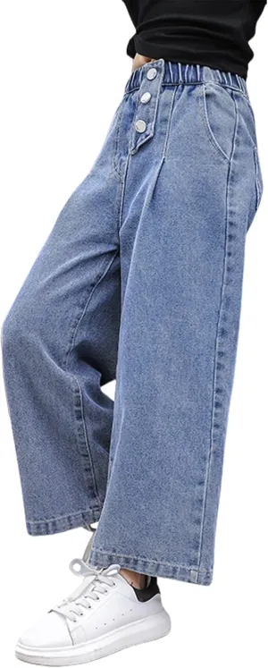 Kids Girls Jeans Washed Elastic Waist Baggy Wide Leg Jeans Size 4-14 Years
