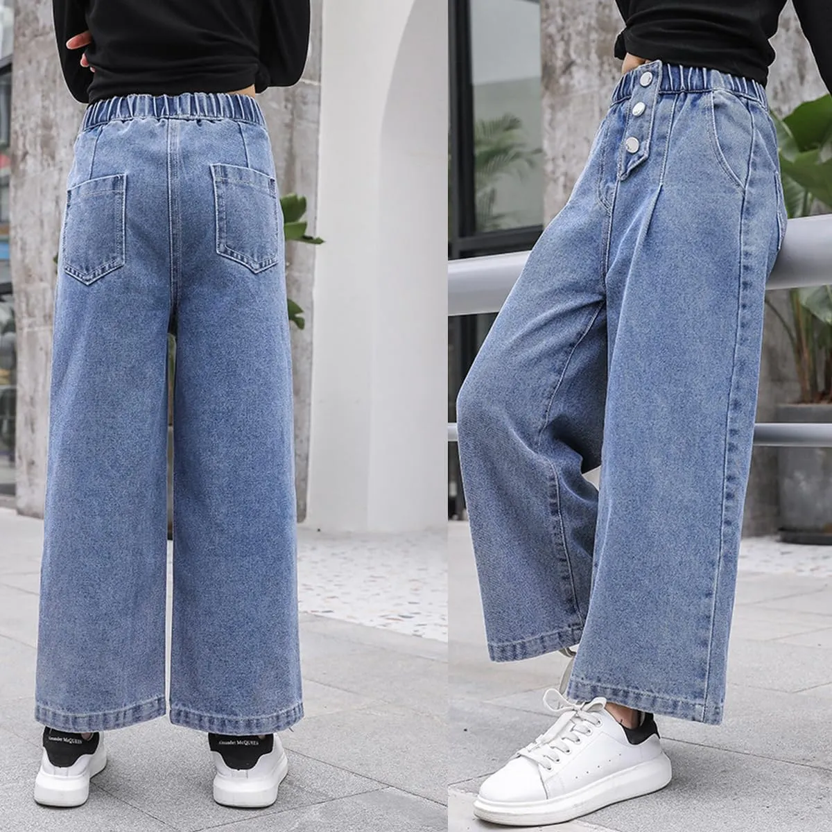 Kids Girls Jeans Washed Elastic Waist Baggy Wide Leg Jeans Size 4-14 Years