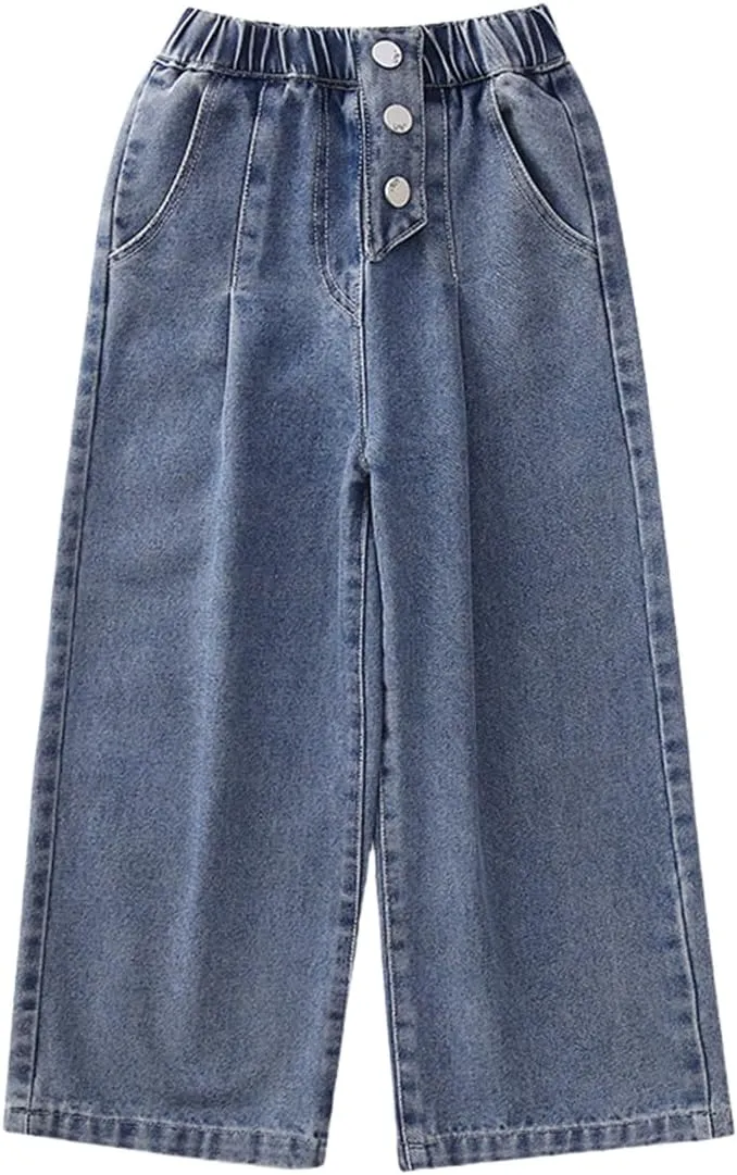 Kids Girls Jeans Washed Elastic Waist Baggy Wide Leg Jeans Size 4-14 Years