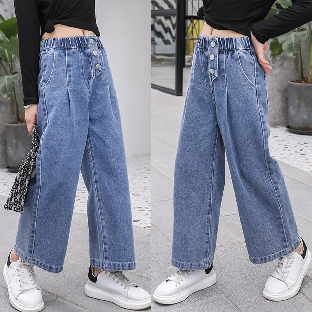 Kids Girls Jeans Washed Elastic Waist Baggy Wide Leg Jeans Size 4-14 Years