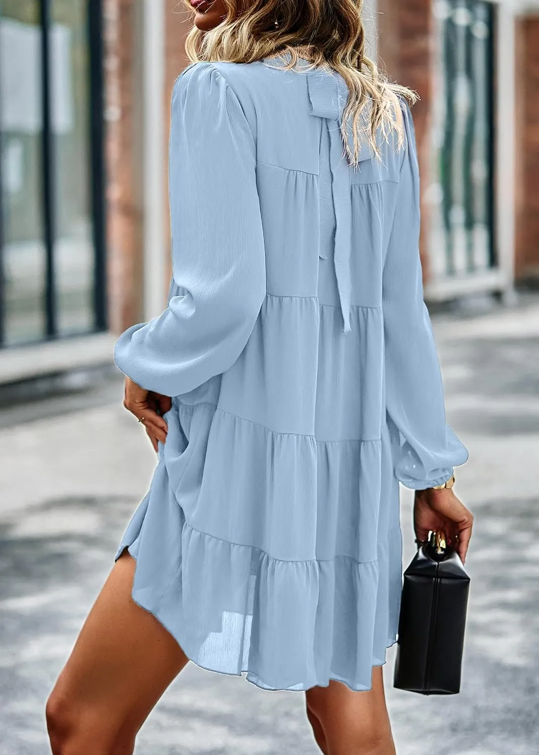 KIRUNDO Women Spring Long Sleeve Ruffle Mock Neck Tiered Mini Babydoll Dress 2025 Casual Summer Flowy Swing Tunic Shift Dress