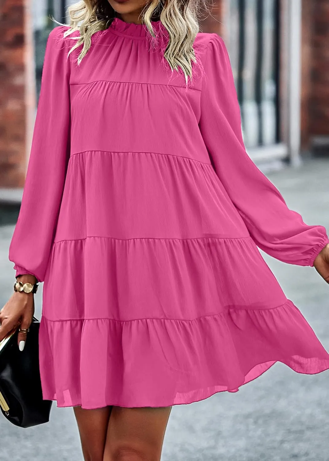 KIRUNDO Women Spring Long Sleeve Ruffle Mock Neck Tiered Mini Babydoll Dress 2025 Casual Summer Flowy Swing Tunic Shift Dress