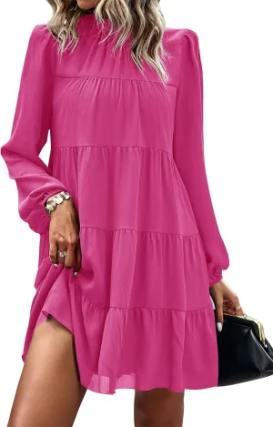 KIRUNDO Women Spring Long Sleeve Ruffle Mock Neck Tiered Mini Babydoll Dress 2025 Casual Summer Flowy Swing Tunic Shift Dress