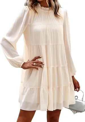 KIRUNDO Women Spring Long Sleeve Ruffle Mock Neck Tiered Mini Babydoll Dress 2025 Casual Summer Flowy Swing Tunic Shift Dress
