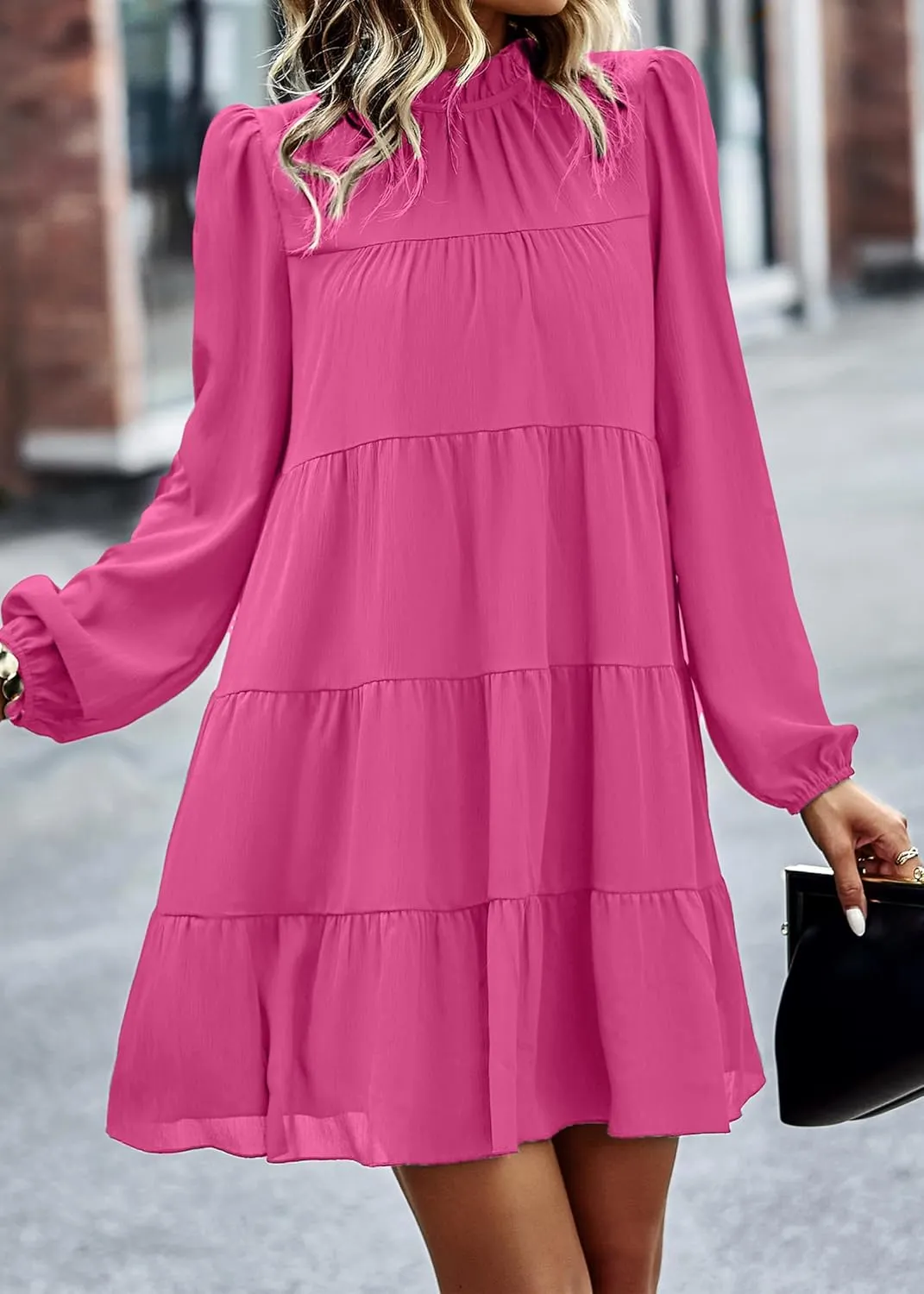KIRUNDO Women Spring Long Sleeve Ruffle Mock Neck Tiered Mini Babydoll Dress 2025 Casual Summer Flowy Swing Tunic Shift Dress