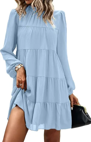 KIRUNDO Women Spring Long Sleeve Ruffle Mock Neck Tiered Mini Babydoll Dress 2025 Casual Summer Flowy Swing Tunic Shift Dress