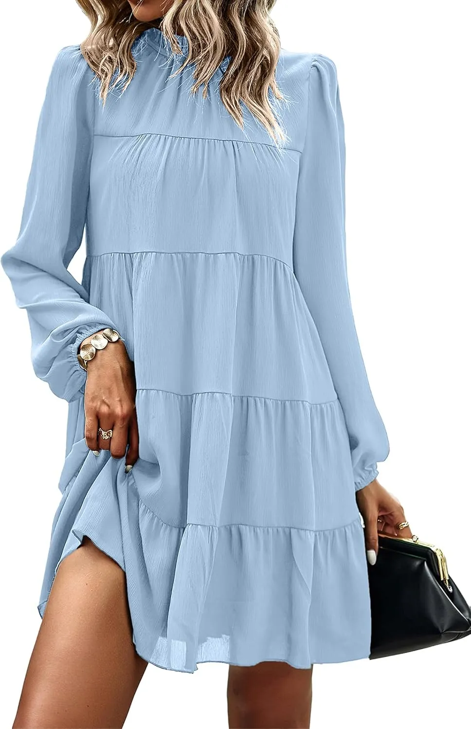 KIRUNDO Women Spring Long Sleeve Ruffle Mock Neck Tiered Mini Babydoll Dress 2025 Casual Summer Flowy Swing Tunic Shift Dress