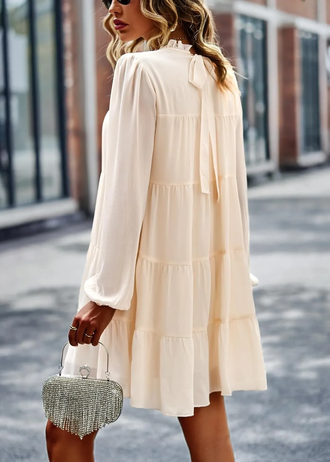 KIRUNDO Women Spring Long Sleeve Ruffle Mock Neck Tiered Mini Babydoll Dress 2025 Casual Summer Flowy Swing Tunic Shift Dress