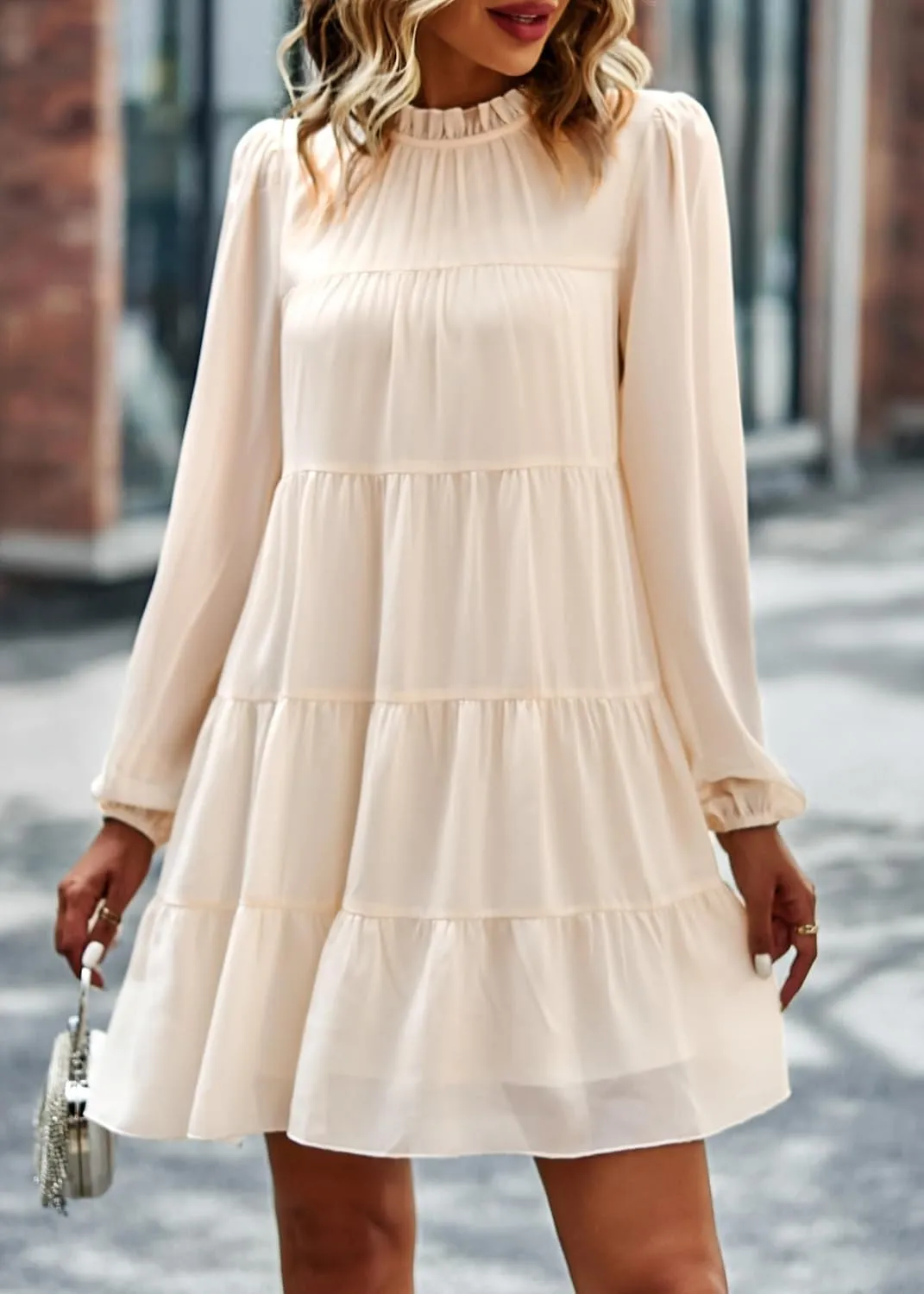 KIRUNDO Women Spring Long Sleeve Ruffle Mock Neck Tiered Mini Babydoll Dress 2025 Casual Summer Flowy Swing Tunic Shift Dress