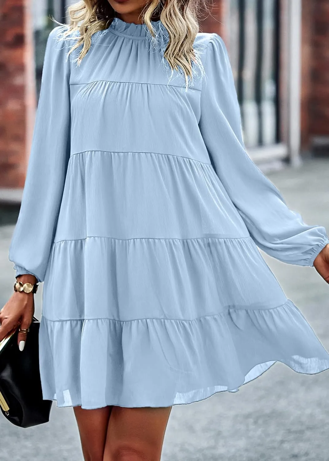 KIRUNDO Women Spring Long Sleeve Ruffle Mock Neck Tiered Mini Babydoll Dress 2025 Casual Summer Flowy Swing Tunic Shift Dress
