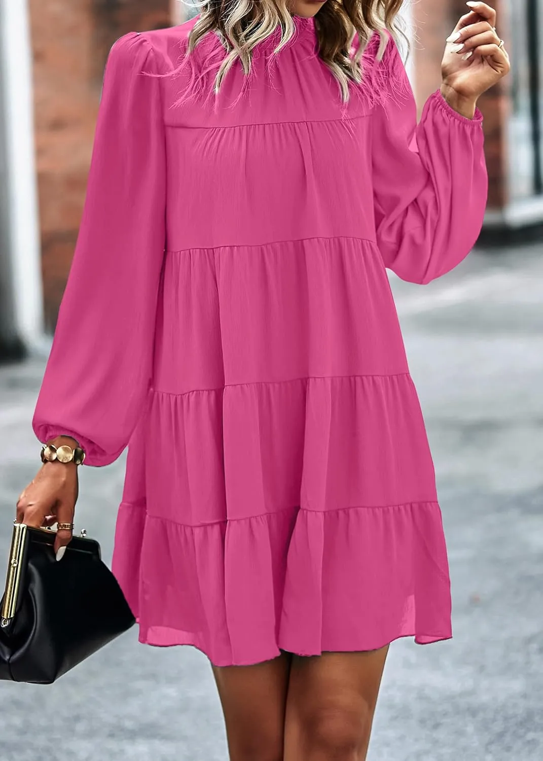 KIRUNDO Women Spring Long Sleeve Ruffle Mock Neck Tiered Mini Babydoll Dress 2025 Casual Summer Flowy Swing Tunic Shift Dress