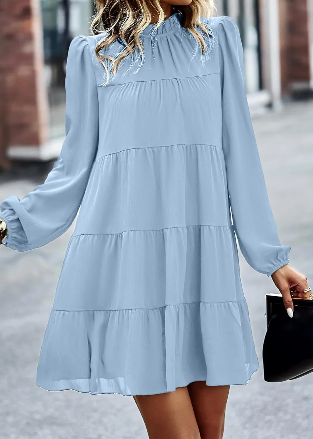 KIRUNDO Women Spring Long Sleeve Ruffle Mock Neck Tiered Mini Babydoll Dress 2025 Casual Summer Flowy Swing Tunic Shift Dress