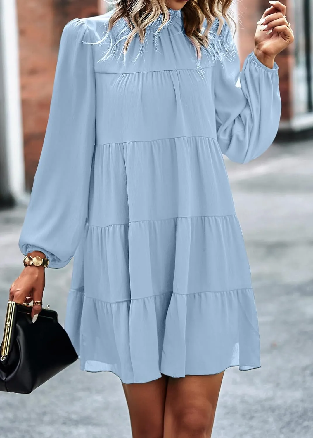 KIRUNDO Women Spring Long Sleeve Ruffle Mock Neck Tiered Mini Babydoll Dress 2025 Casual Summer Flowy Swing Tunic Shift Dress