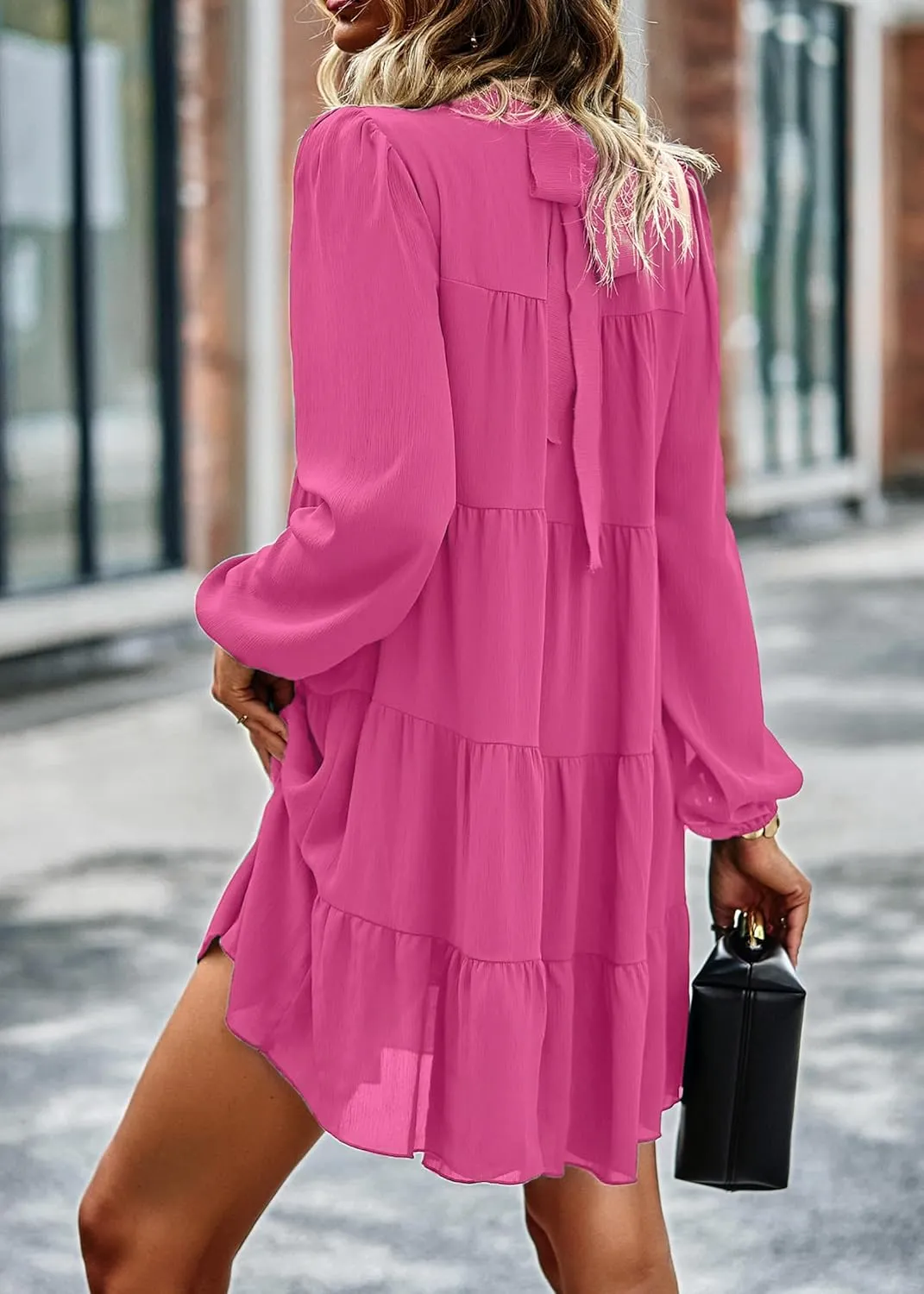 KIRUNDO Women Spring Long Sleeve Ruffle Mock Neck Tiered Mini Babydoll Dress 2025 Casual Summer Flowy Swing Tunic Shift Dress