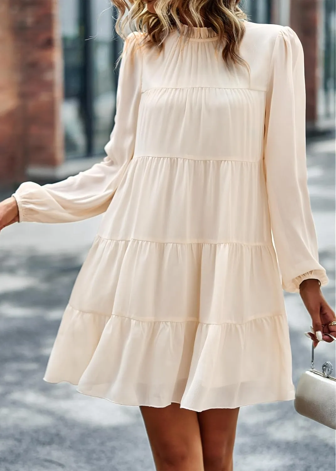 KIRUNDO Women Spring Long Sleeve Ruffle Mock Neck Tiered Mini Babydoll Dress 2025 Casual Summer Flowy Swing Tunic Shift Dress