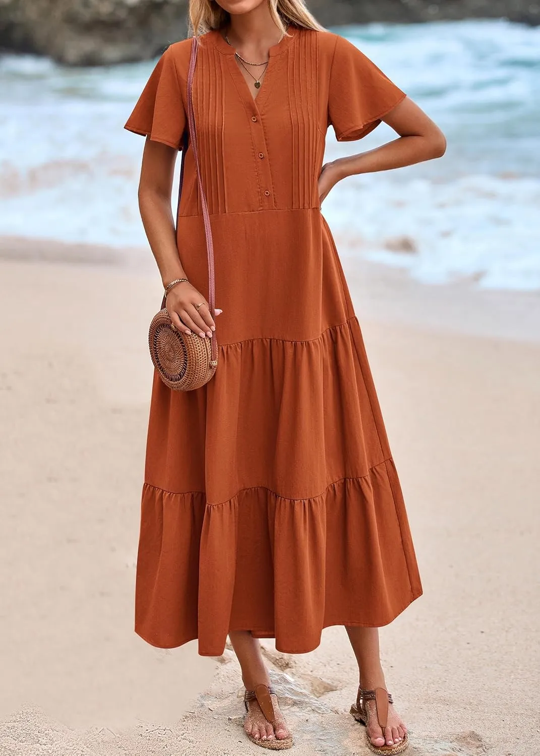 KIRUNDO Womens Summer Dresses 2025 Spring Fashion Short Sleeve Button V Neck Pleated Loose Tiered Swing Flowy Maxi Dress