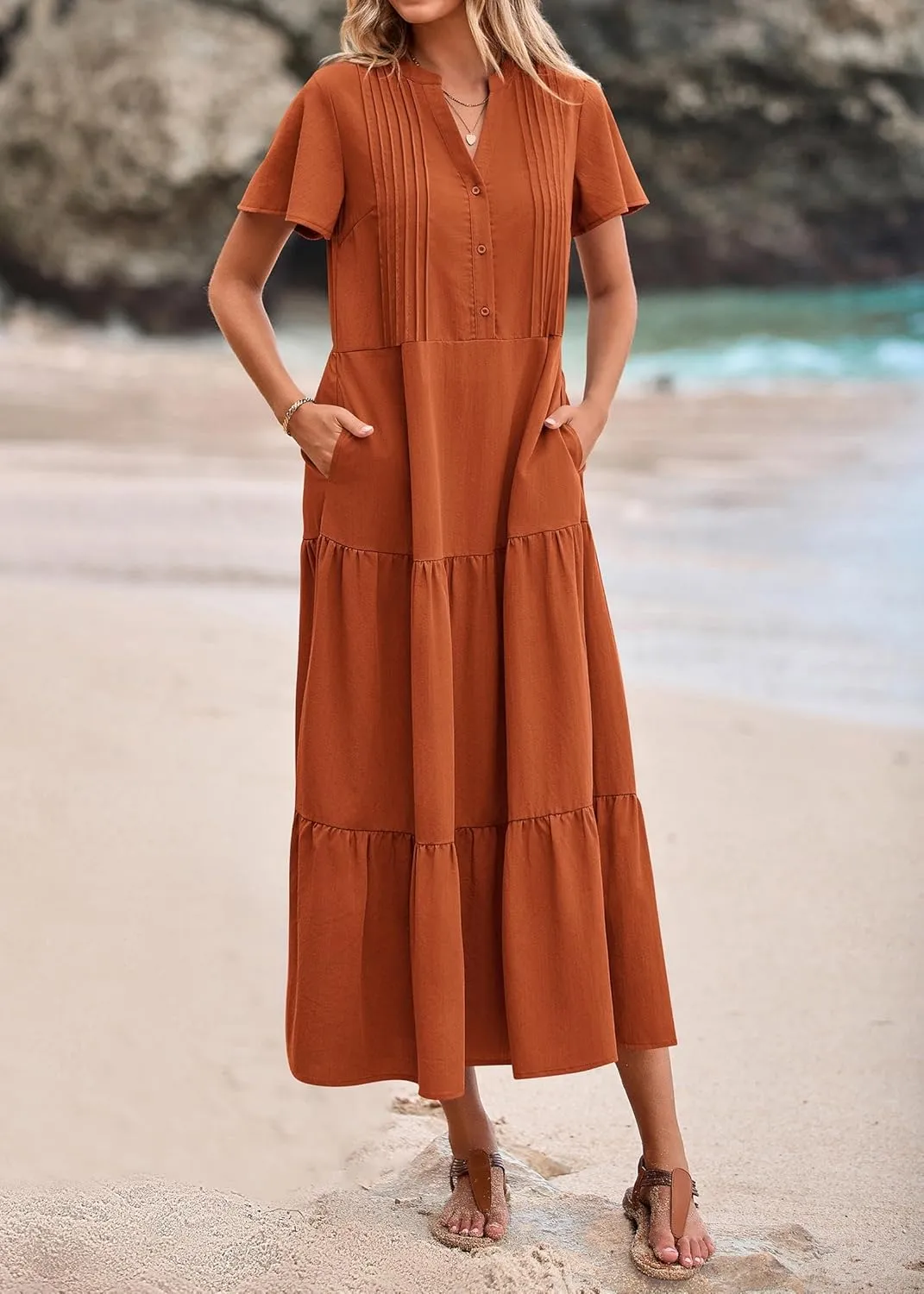KIRUNDO Womens Summer Dresses 2025 Spring Fashion Short Sleeve Button V Neck Pleated Loose Tiered Swing Flowy Maxi Dress