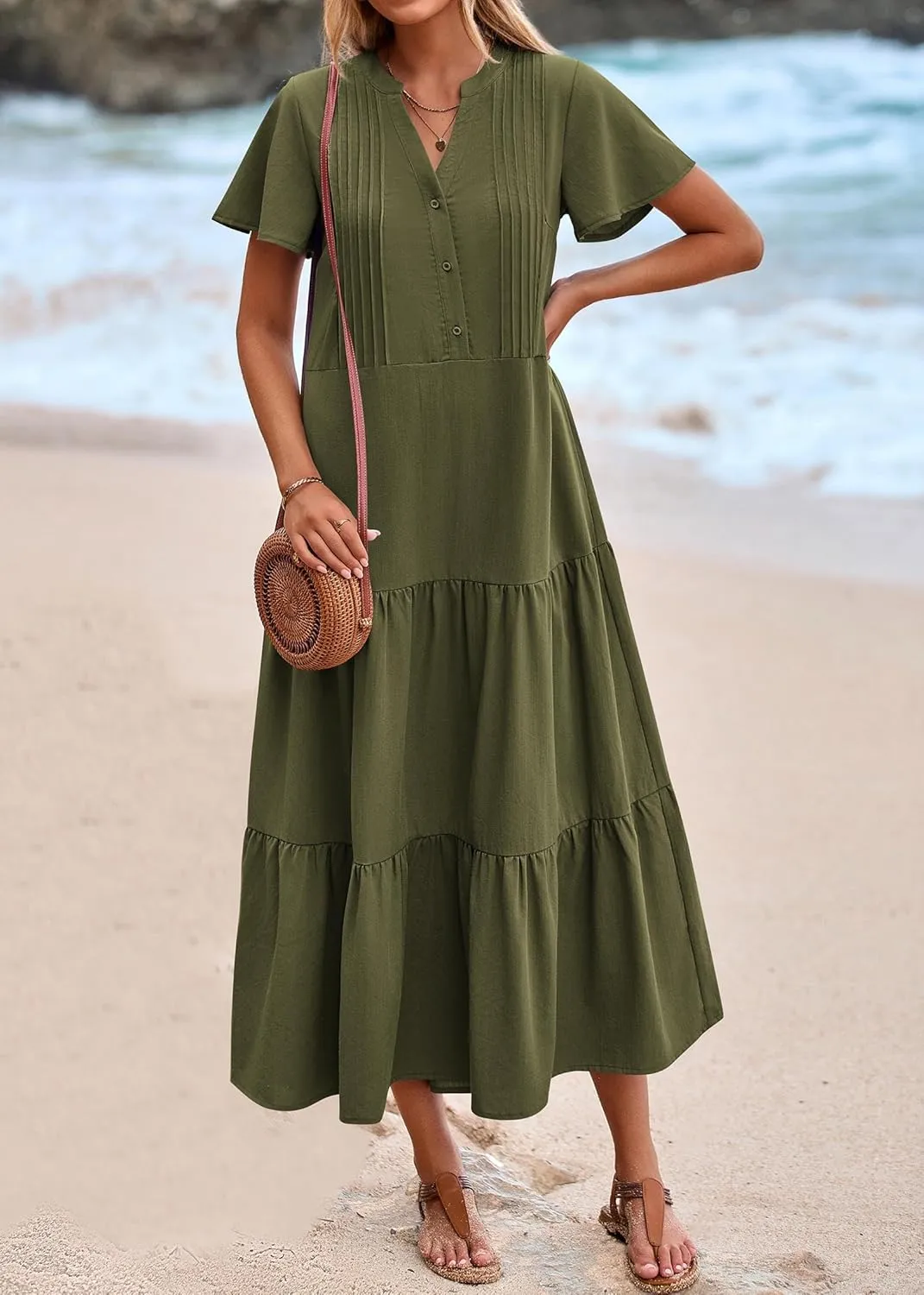 KIRUNDO Womens Summer Dresses 2025 Spring Fashion Short Sleeve Button V Neck Pleated Loose Tiered Swing Flowy Maxi Dress