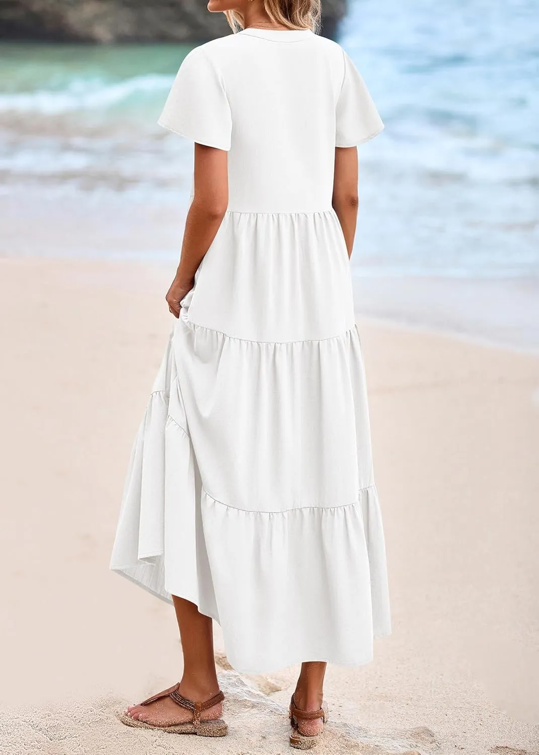 KIRUNDO Womens Summer Dresses 2025 Spring Fashion Short Sleeve Button V Neck Pleated Loose Tiered Swing Flowy Maxi Dress