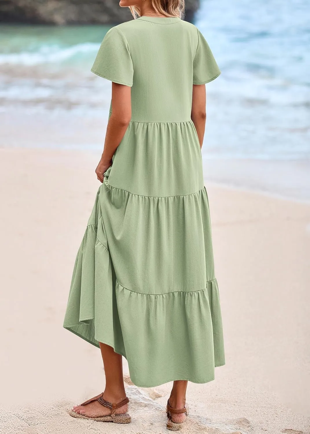 KIRUNDO Womens Summer Dresses 2025 Spring Fashion Short Sleeve Button V Neck Pleated Loose Tiered Swing Flowy Maxi Dress