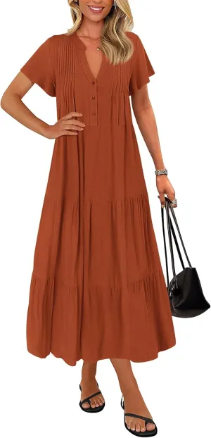 KIRUNDO Womens Summer Dresses 2025 Spring Fashion Short Sleeve Button V Neck Pleated Loose Tiered Swing Flowy Maxi Dress