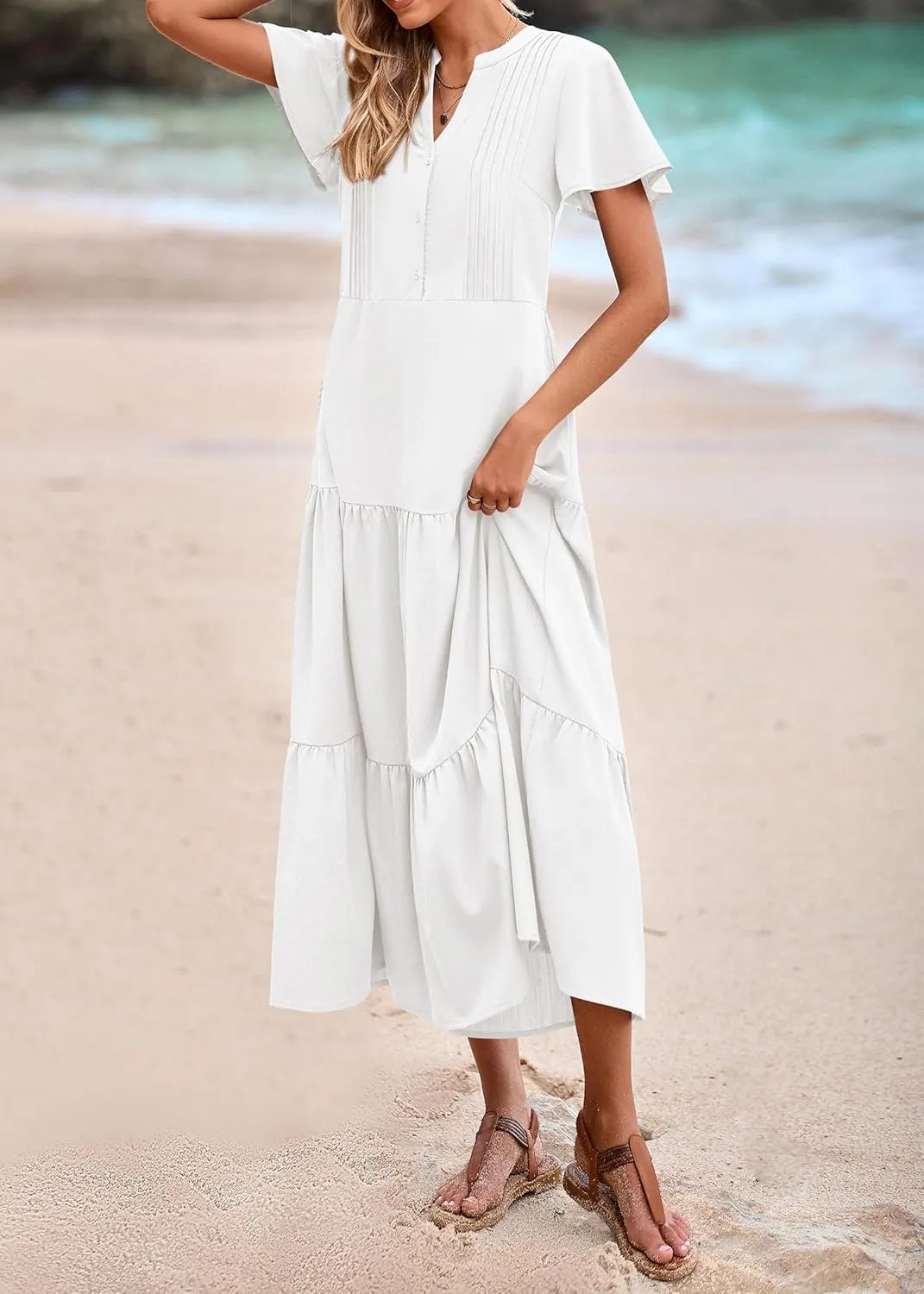 KIRUNDO Womens Summer Dresses 2025 Spring Fashion Short Sleeve Button V Neck Pleated Loose Tiered Swing Flowy Maxi Dress
