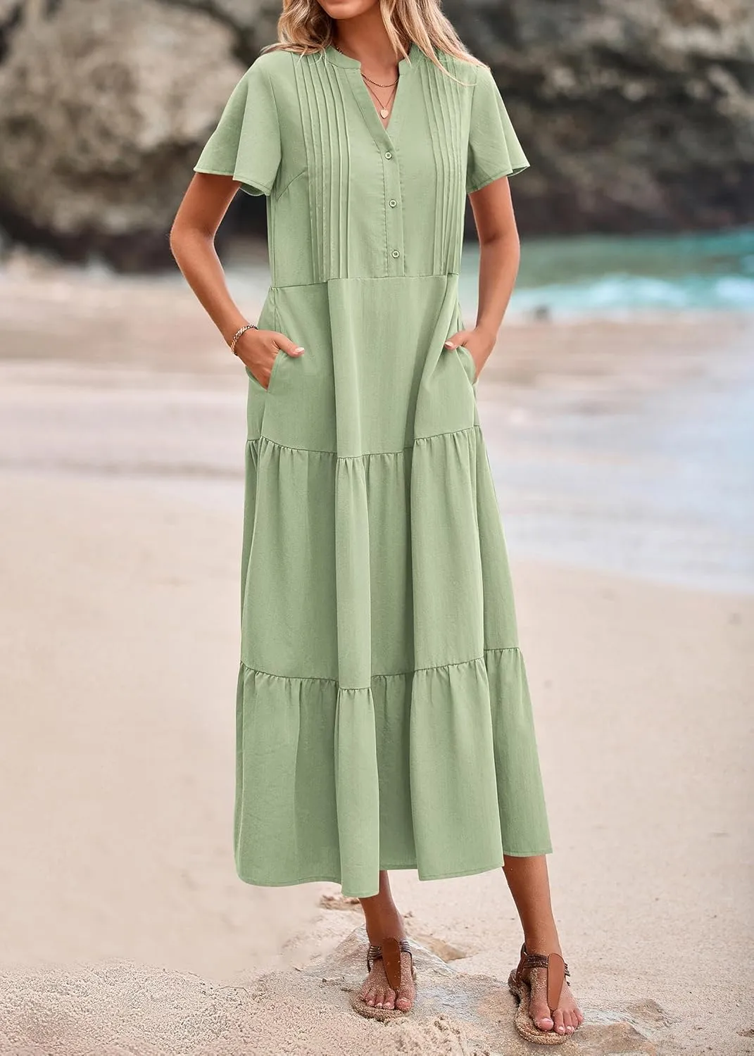 KIRUNDO Womens Summer Dresses 2025 Spring Fashion Short Sleeve Button V Neck Pleated Loose Tiered Swing Flowy Maxi Dress